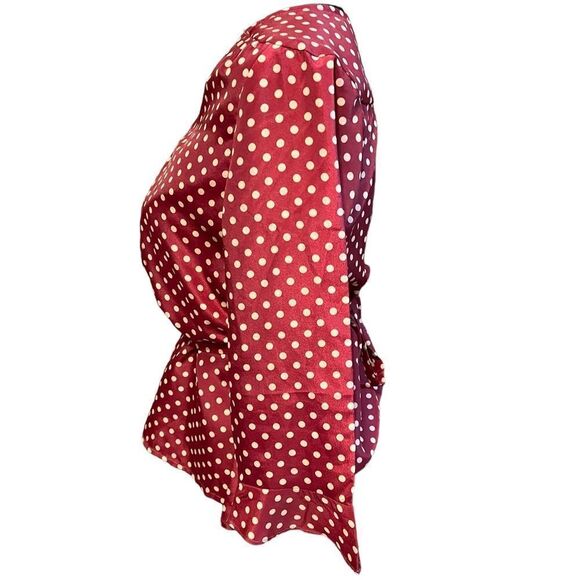 Skies Are Blue brick red and tan polka dot tie waist short length blouse size SP - Picture 3 of 14